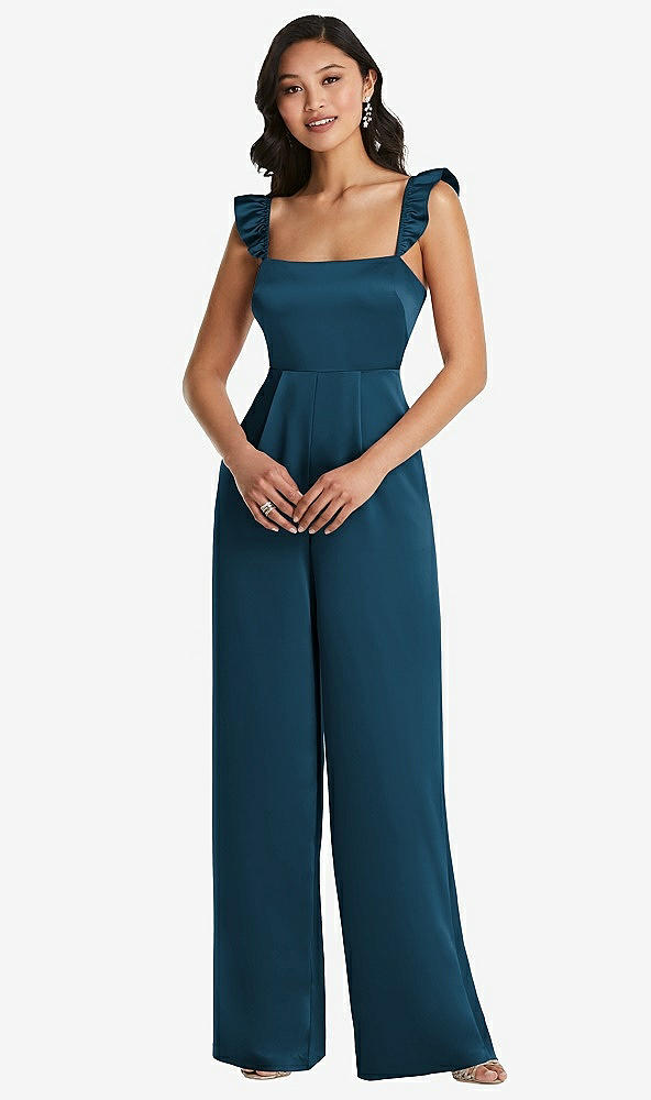 Front View - Atlantic Blue Ruffled Sleeve Tie-Back Jumpsuit with Pockets