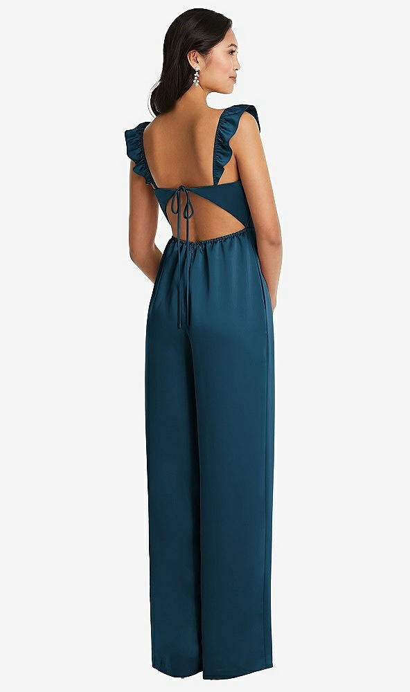 Back View - Atlantic Blue Ruffled Sleeve Tie-Back Jumpsuit with Pockets