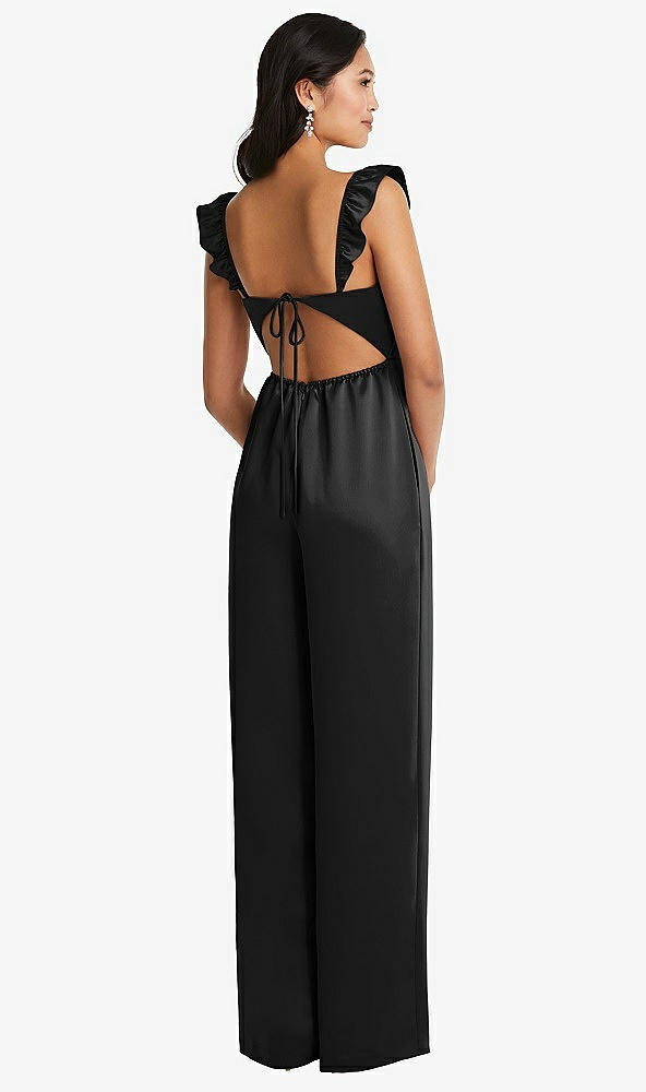 Back View - Black Ruffled Sleeve Tie-Back Jumpsuit with Pockets