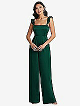 Front View Thumbnail - Hunter Green Ruffled Sleeve Tie-Back Jumpsuit with Pockets