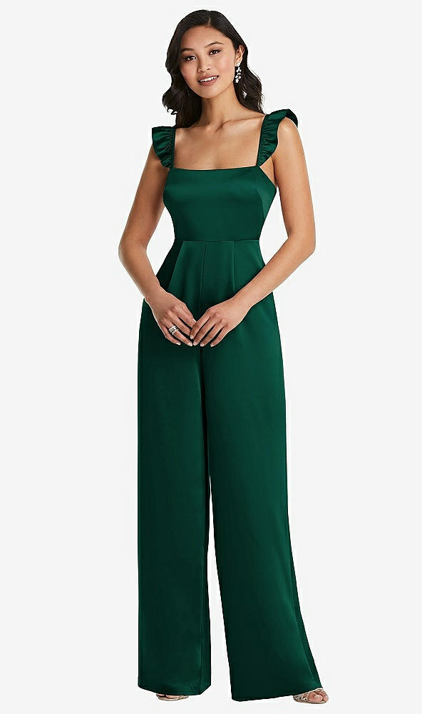 Front View - Hunter Green Ruffled Sleeve Tie-Back Jumpsuit with Pockets
