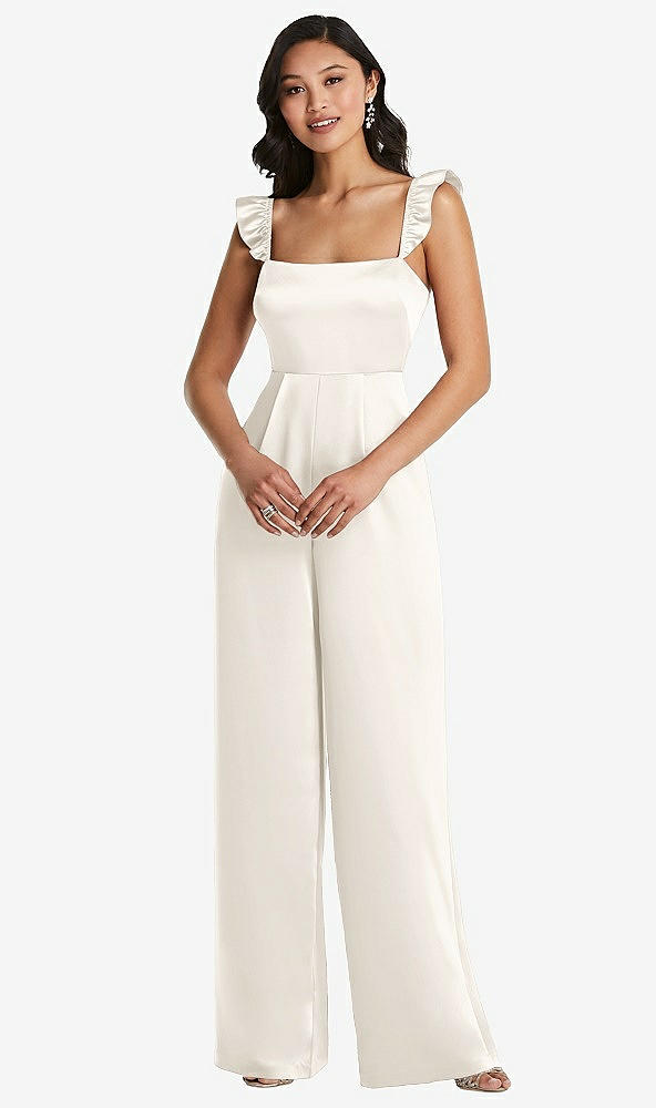 Front View - Ivory Ruffled Sleeve Tie-Back Jumpsuit with Pockets