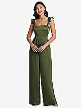 Front View Thumbnail - Olive Green Ruffled Sleeve Tie-Back Jumpsuit with Pockets
