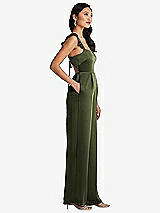 Side View Thumbnail - Olive Green Ruffled Sleeve Tie-Back Jumpsuit with Pockets