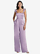 Alt View 1 Thumbnail - Pale Purple Ruffled Sleeve Tie-Back Jumpsuit with Pockets