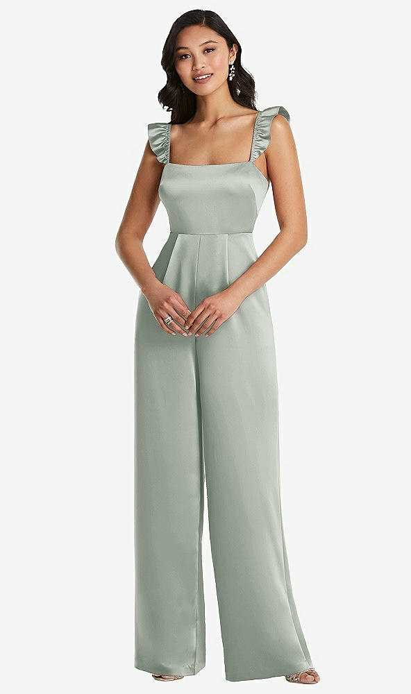 Front View - Willow Green Ruffled Sleeve Tie-Back Jumpsuit with Pockets