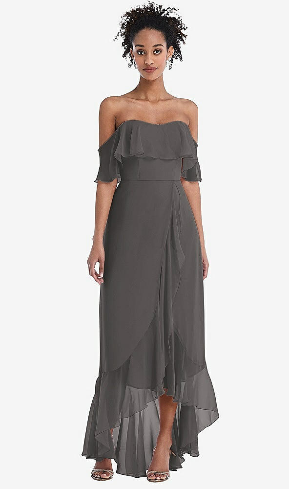 Front View - Caviar Gray Off-the-Shoulder Ruffled High Low Maxi Dress
