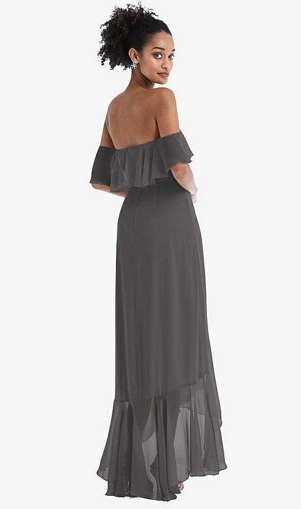 Back View - Caviar Gray Off-the-Shoulder Ruffled High Low Maxi Dress