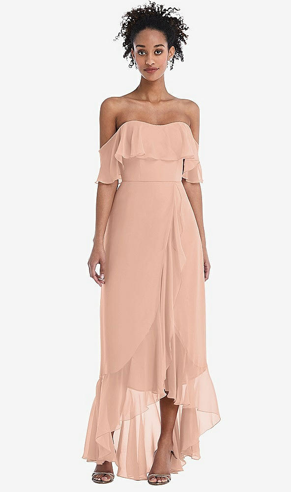 Front View - Pale Peach Off-the-Shoulder Ruffled High Low Maxi Dress