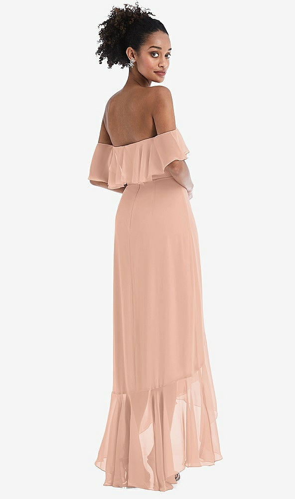 Back View - Pale Peach Off-the-Shoulder Ruffled High Low Maxi Dress