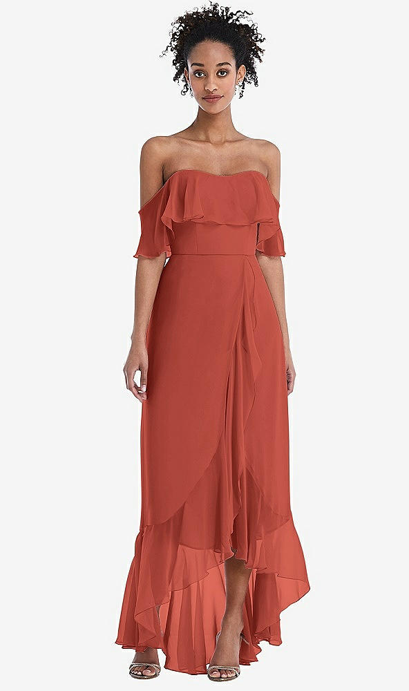 Front View - Amber Sunset Off-the-Shoulder Ruffled High Low Maxi Dress