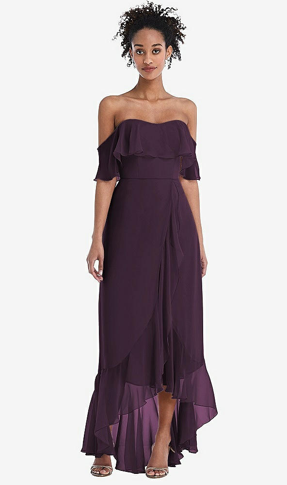Front View - Aubergine Off-the-Shoulder Ruffled High Low Maxi Dress