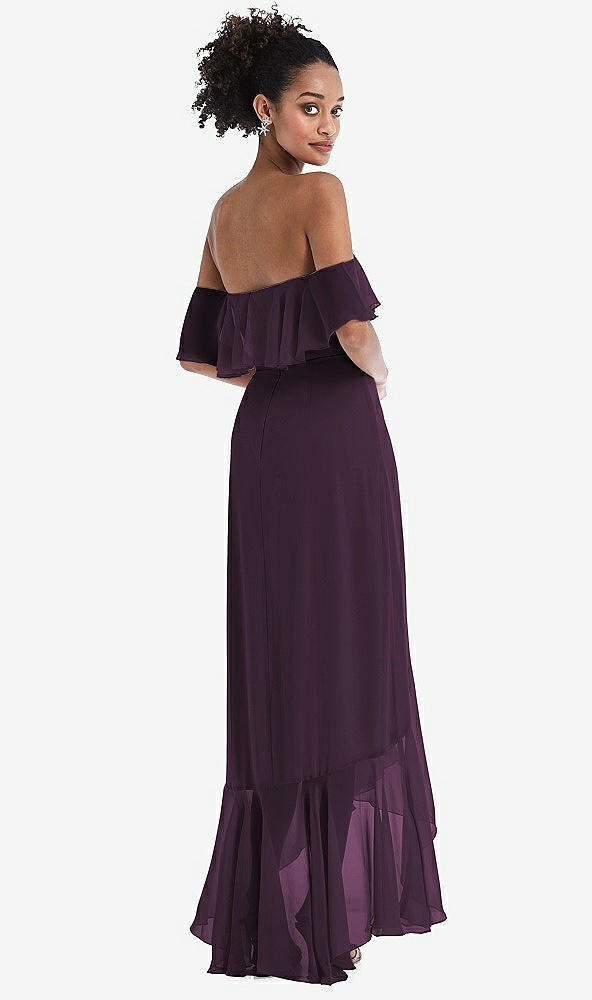 Back View - Aubergine Off-the-Shoulder Ruffled High Low Maxi Dress