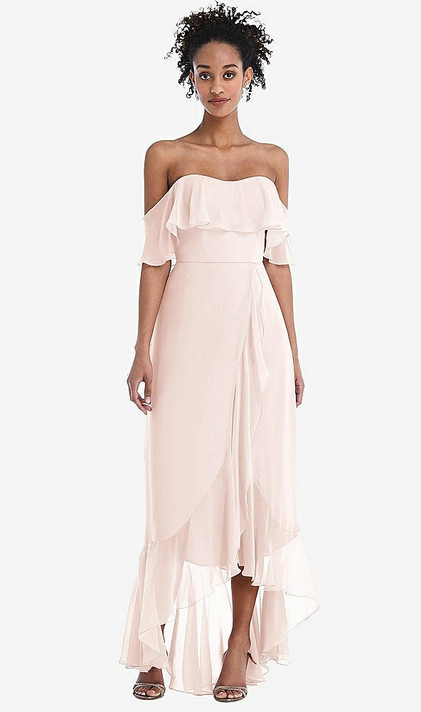 Front View - Blush Off-the-Shoulder Ruffled High Low Maxi Dress