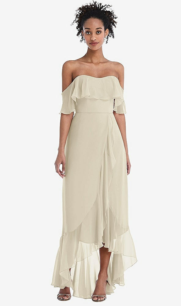 Front View - Champagne Off-the-Shoulder Ruffled High Low Maxi Dress