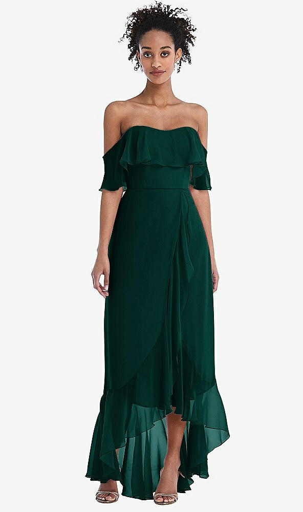 Front View - Evergreen Off-the-Shoulder Ruffled High Low Maxi Dress