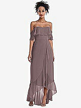 Front View Thumbnail - French Truffle Off-the-Shoulder Ruffled High Low Maxi Dress