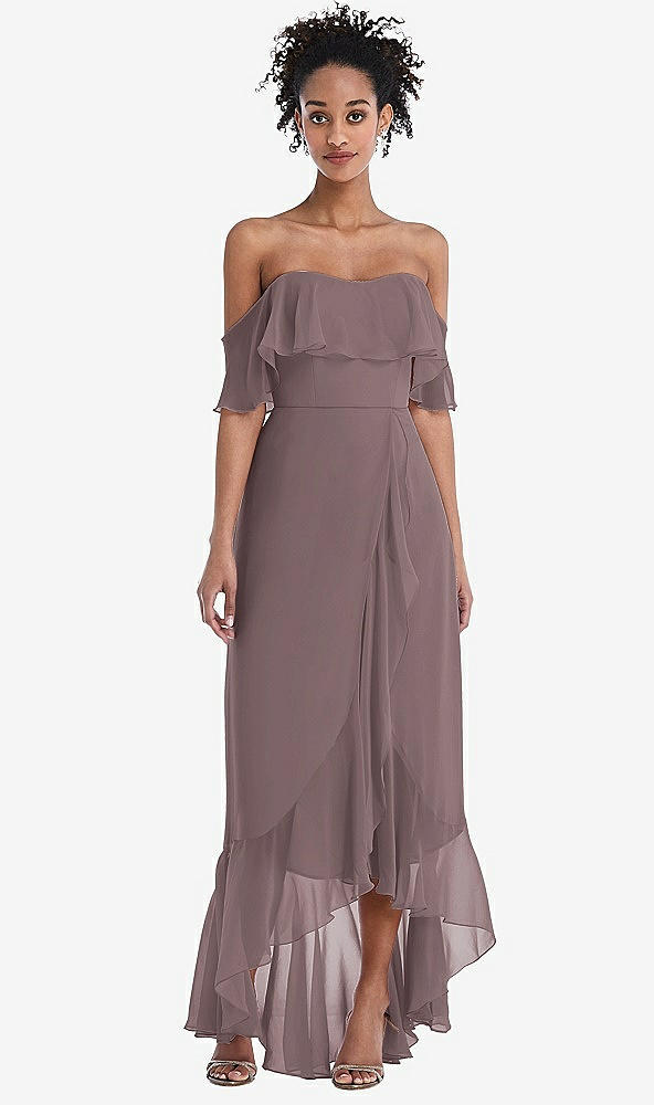 Front View - French Truffle Off-the-Shoulder Ruffled High Low Maxi Dress