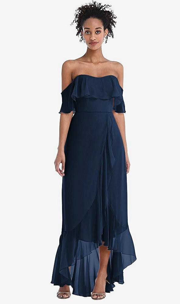 Front View - Midnight Navy Off-the-Shoulder Ruffled High Low Maxi Dress