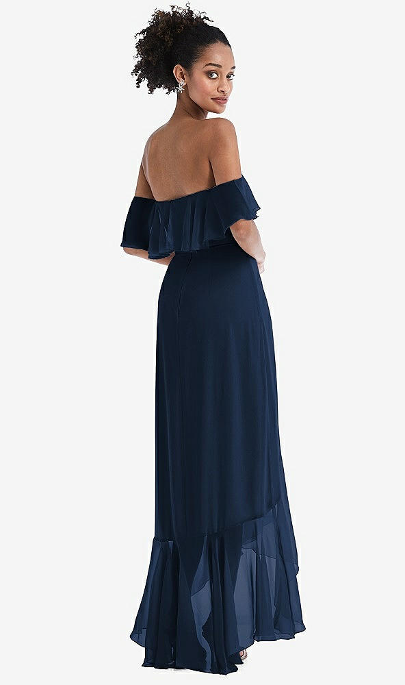 Back View - Midnight Navy Off-the-Shoulder Ruffled High Low Maxi Dress