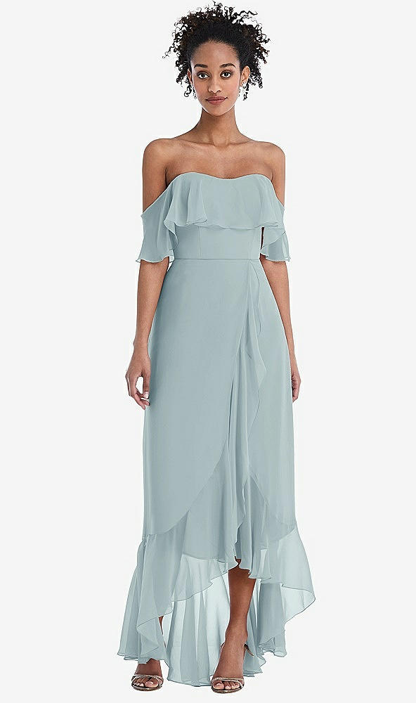 Front View - Morning Sky Off-the-Shoulder Ruffled High Low Maxi Dress