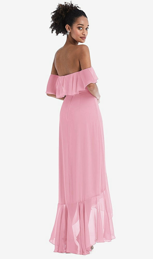 Back View - Peony Pink Off-the-Shoulder Ruffled High Low Maxi Dress