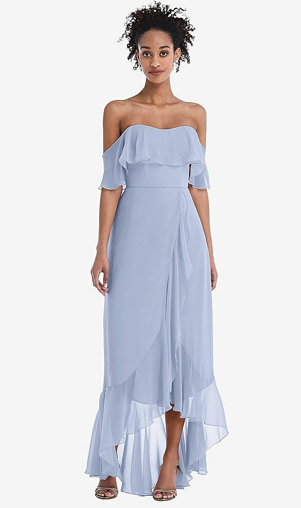 Front View - Sky Blue Off-the-Shoulder Ruffled High Low Maxi Dress