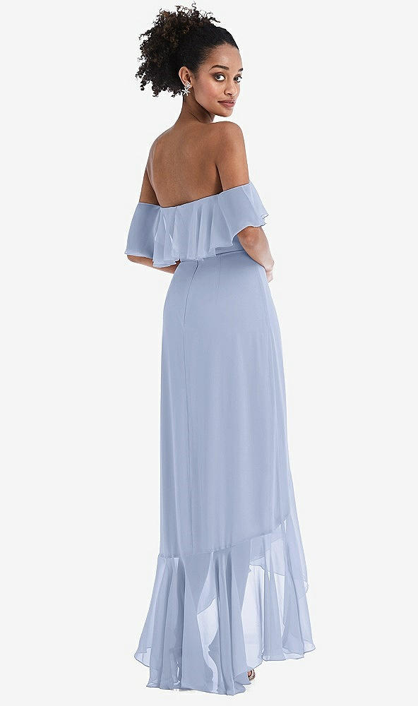 Back View - Sky Blue Off-the-Shoulder Ruffled High Low Maxi Dress