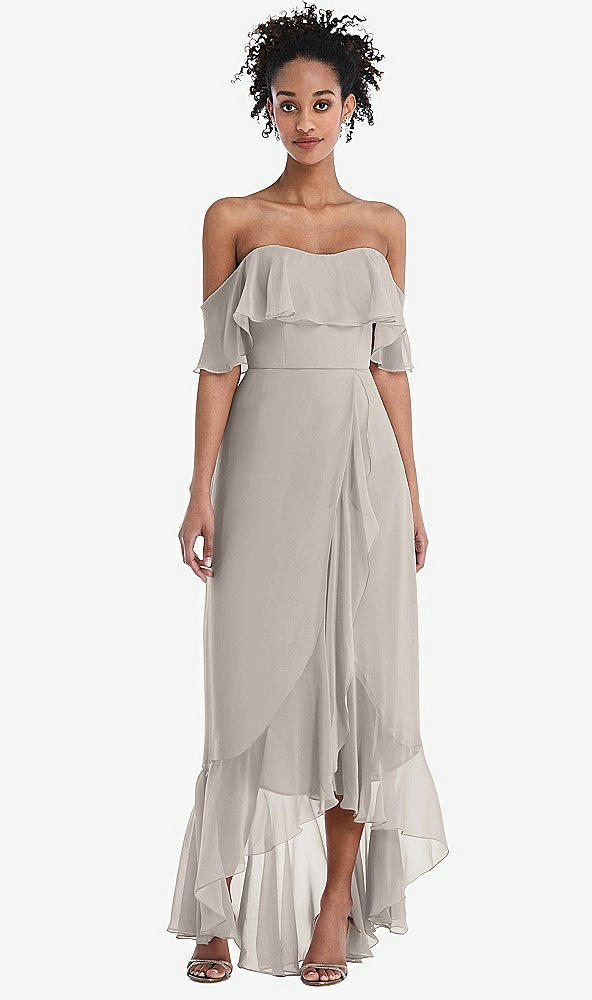 Front View - Taupe Off-the-Shoulder Ruffled High Low Maxi Dress