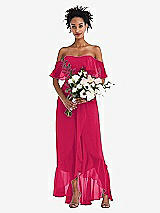 Alt View 2 Thumbnail - Vivid Pink Off-the-Shoulder Ruffled High Low Maxi Dress