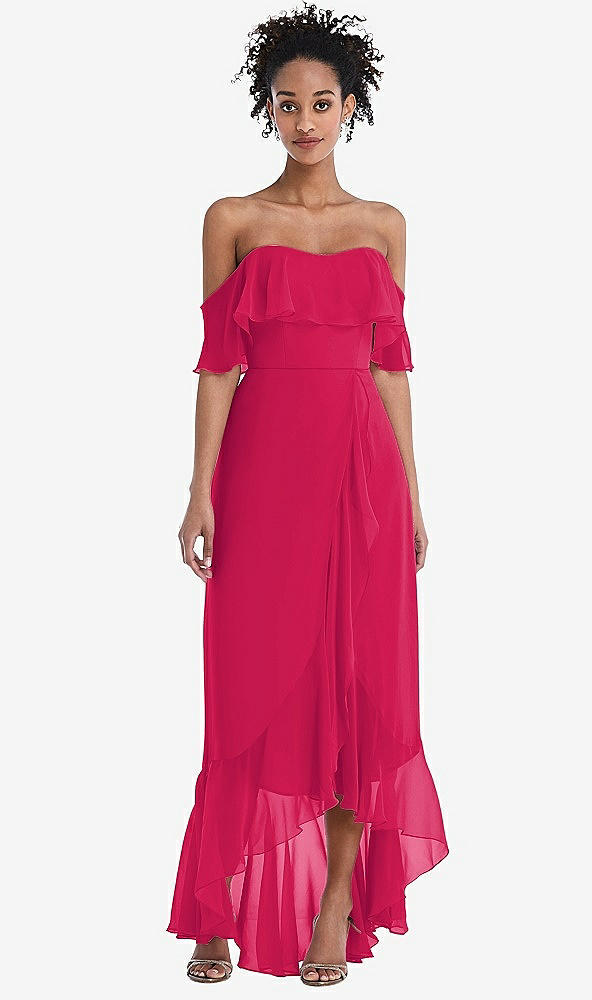 Front View - Vivid Pink Off-the-Shoulder Ruffled High Low Maxi Dress