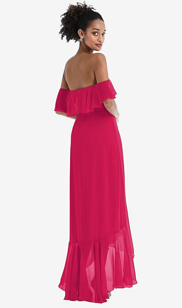 Back View - Vivid Pink Off-the-Shoulder Ruffled High Low Maxi Dress