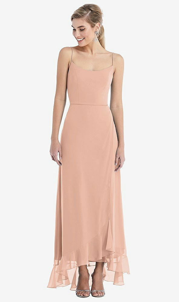 Front View - Pale Peach Scoop Neck Ruffle-Trimmed High Low Maxi Dress