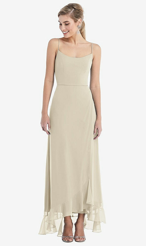 Front View - Champagne Scoop Neck Ruffle-Trimmed High Low Maxi Dress