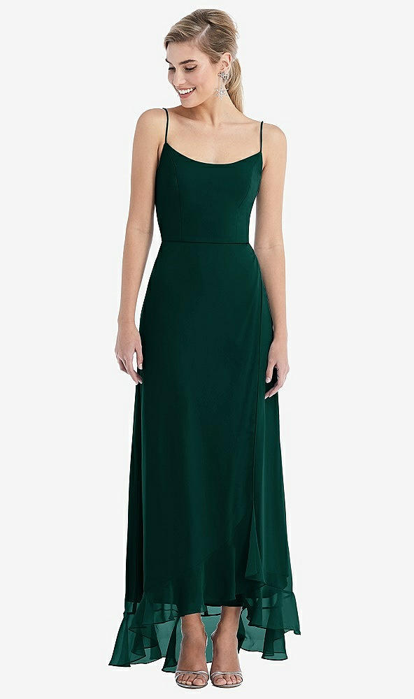 Front View - Evergreen Scoop Neck Ruffle-Trimmed High Low Maxi Dress