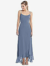 Front View Thumbnail - Larkspur Blue Scoop Neck Ruffle-Trimmed High Low Maxi Dress