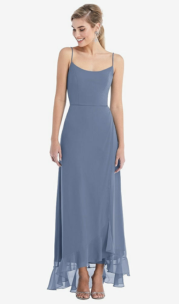 Front View - Larkspur Blue Scoop Neck Ruffle-Trimmed High Low Maxi Dress
