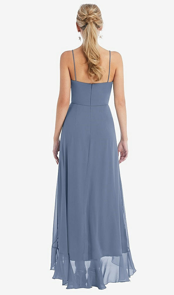 Back View - Larkspur Blue Scoop Neck Ruffle-Trimmed High Low Maxi Dress
