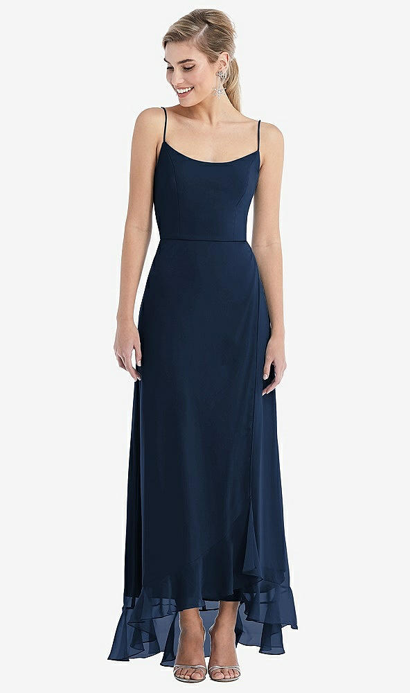 Front View - Midnight Navy Scoop Neck Ruffle-Trimmed High Low Maxi Dress