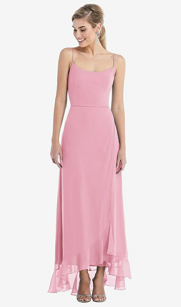 Front View - Peony Pink Scoop Neck Ruffle-Trimmed High Low Maxi Dress