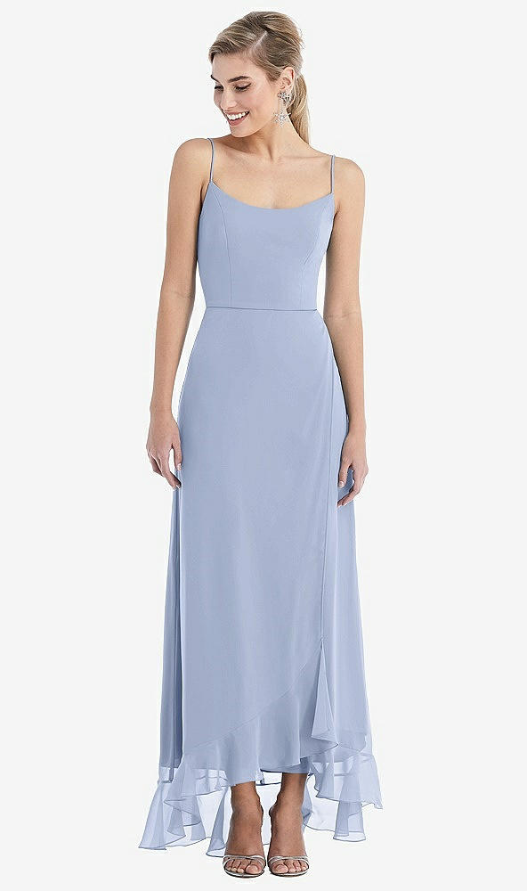Front View - Sky Blue Scoop Neck Ruffle-Trimmed High Low Maxi Dress