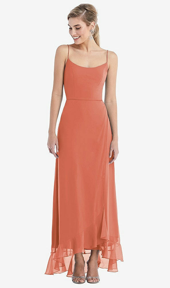 Front View - Terracotta Copper Scoop Neck Ruffle-Trimmed High Low Maxi Dress