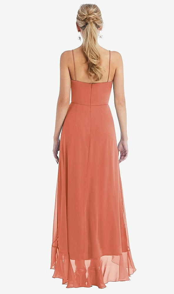 Back View - Terracotta Copper Scoop Neck Ruffle-Trimmed High Low Maxi Dress