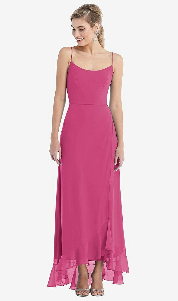 Front View - Tea Rose Scoop Neck Ruffle-Trimmed High Low Maxi Dress