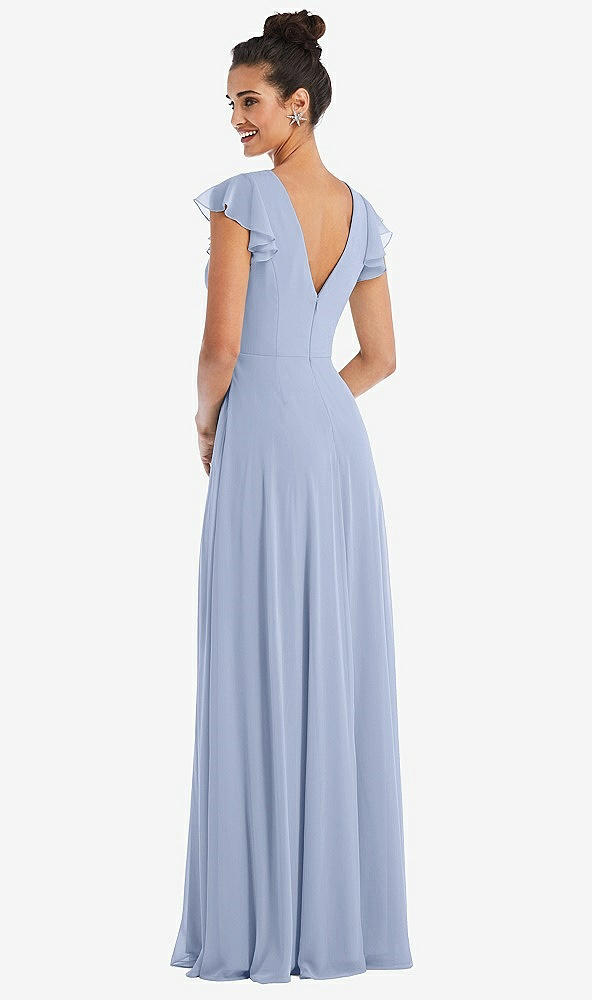 Back View - Sky Blue Flutter Sleeve V-Keyhole Chiffon Maxi Dress