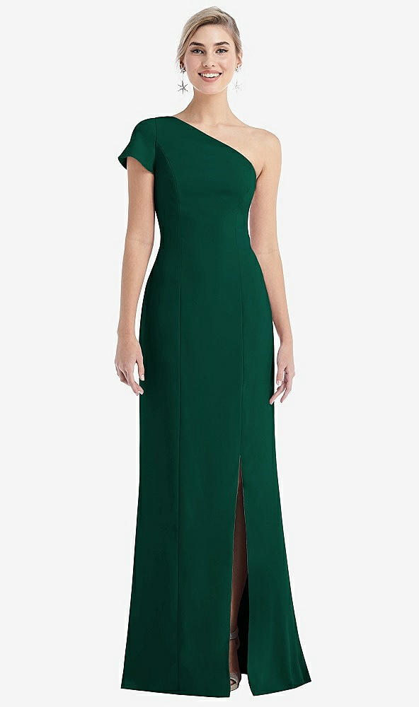 Front View - Hunter Green One-Shoulder Cap Sleeve Trumpet Gown with Front Slit