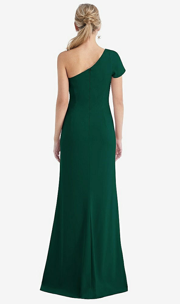 Back View - Hunter Green One-Shoulder Cap Sleeve Trumpet Gown with Front Slit