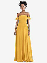 Front View Thumbnail - NYC Yellow Off-the-Shoulder Ruffle Cuff Sleeve Chiffon Maxi Dress