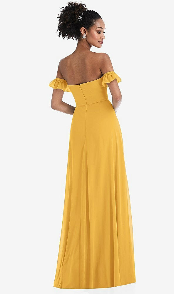Back View - NYC Yellow Off-the-Shoulder Ruffle Cuff Sleeve Chiffon Maxi Dress
