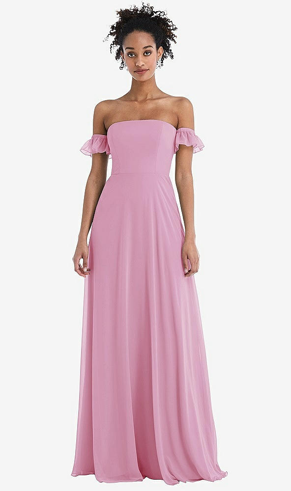 Front View - Powder Pink Off-the-Shoulder Ruffle Cuff Sleeve Chiffon Maxi Dress